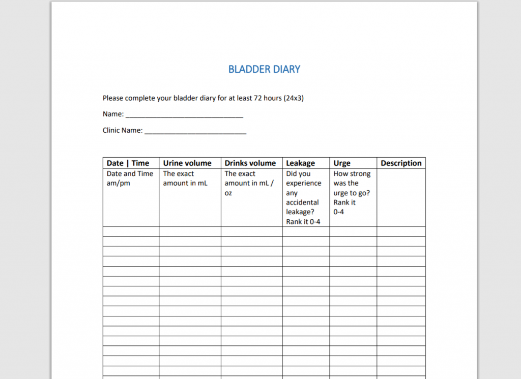 Printable conventional bladder diary. Blank diary